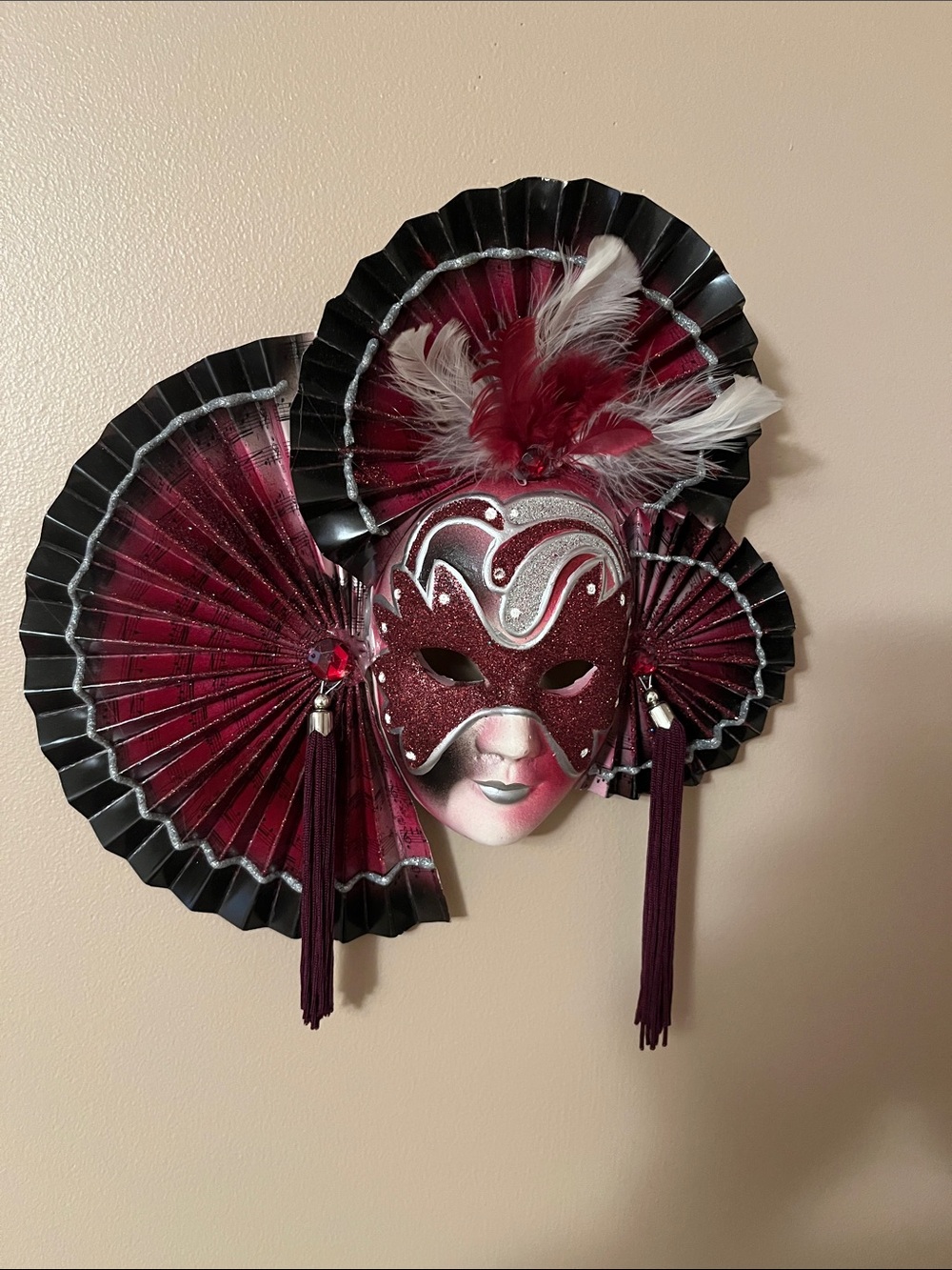 Burgundy Feathered Venetian Masquerade Wall Mask
